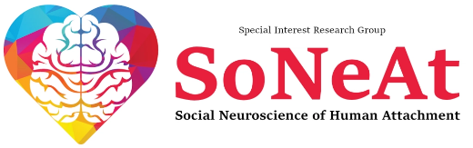 On the left is an image of a brain over a multicoloured heart shape. On the right the words "Special ‌Interest Research Group", "SoNeAt" and "Social Neuroscience of Human Attachment" are in black and red text.