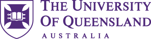 On the left is a purple outline of a shield, with a purple cross and white book in the middle. On the right the words "The University of Queensland Australia" are in purple text.