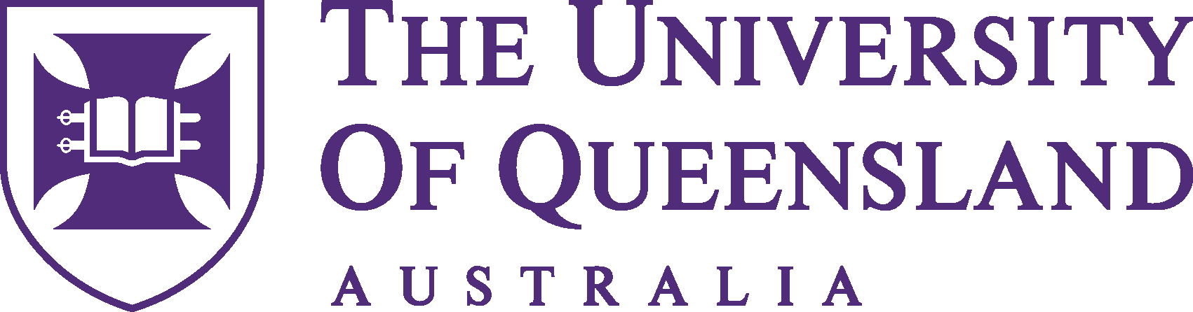 On the left is a purple outline of a shield, with a purple cross and white book in the middle. On the right the words "The University of Queensland Australia" are in purple text.