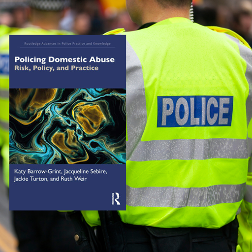 image of book cover and photo of police officer from behind