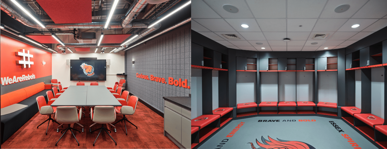 On the left, the performance analysis suite with a large table and red chairs. On the right, the Rebels changing rooms with individual stations and red seats. 