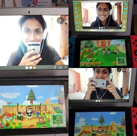 A composite image of different screens - laptop and Nintendo Switch - a student is playing games with friends online