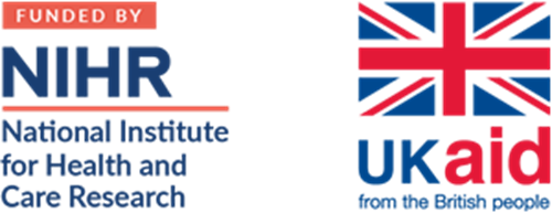 On the left, is the acronym "NIHR" in blue and "National Institute for Health and Care Research" in blue underneath. On the right is a Union Jack flag with "UK Aid from the British People" in blue and red text underneath.